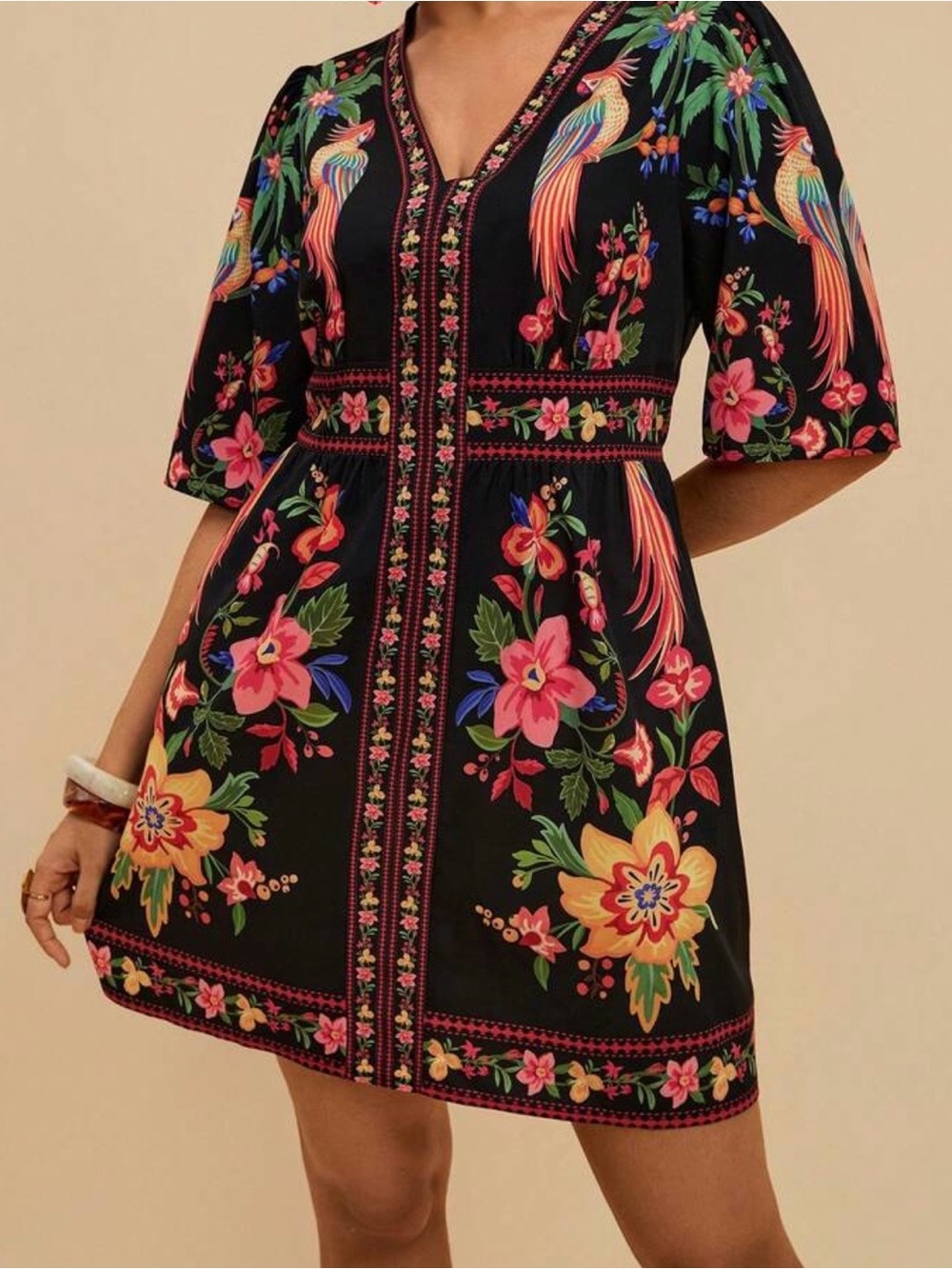 Amazon Black V-Neck Tropical Embroidered Mini Dress with Multicolor Florals - Picture 4 of 4